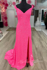 Barbie Pink Sequined Mermaid Prom Dress, Long Slit Formal Gown